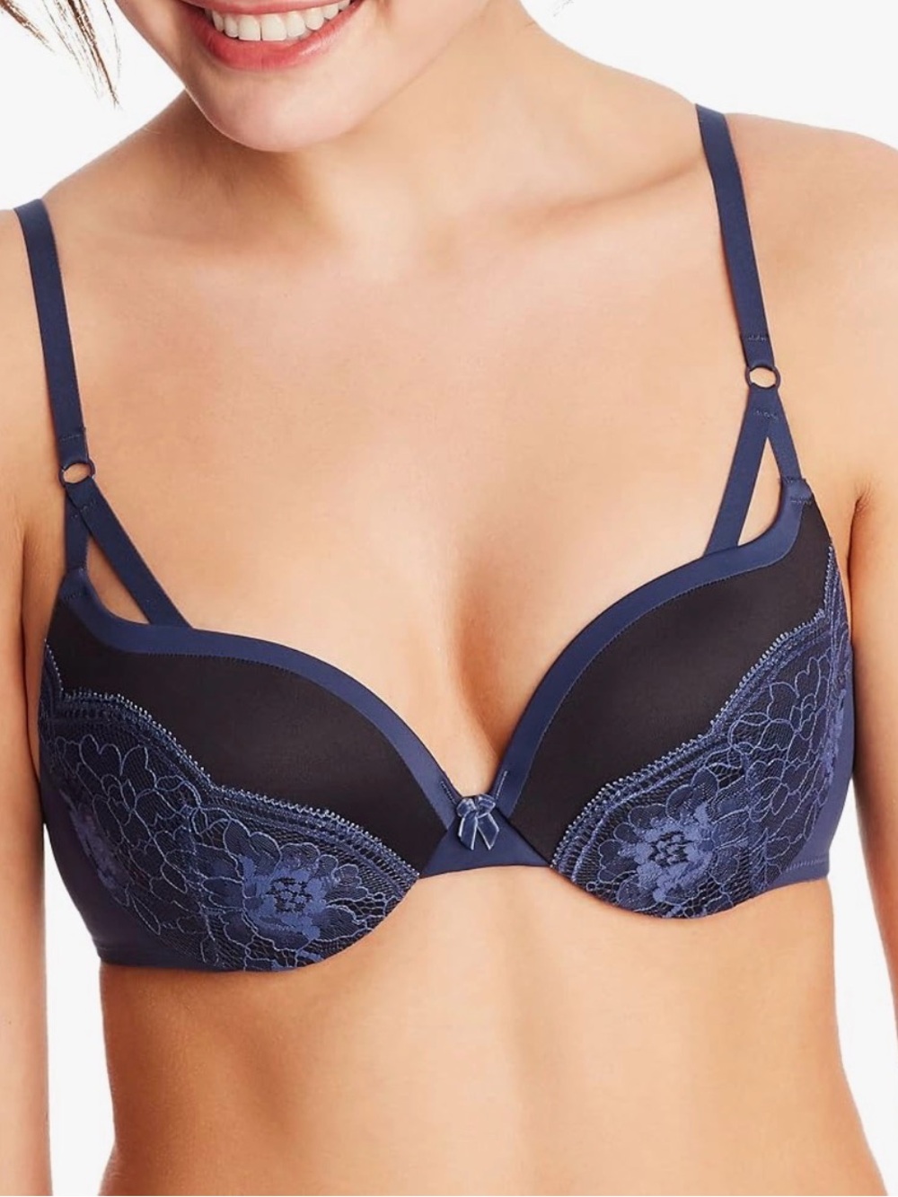 Maidenform Underwire Demi Bra Lace-Trim Bra w/Push-Up Cups Navy/Black Size 40D
